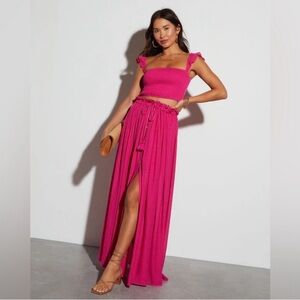 VICI Posie Smocked Crop Top and High Rise Maxi Skirt in Bright Magenta Size M